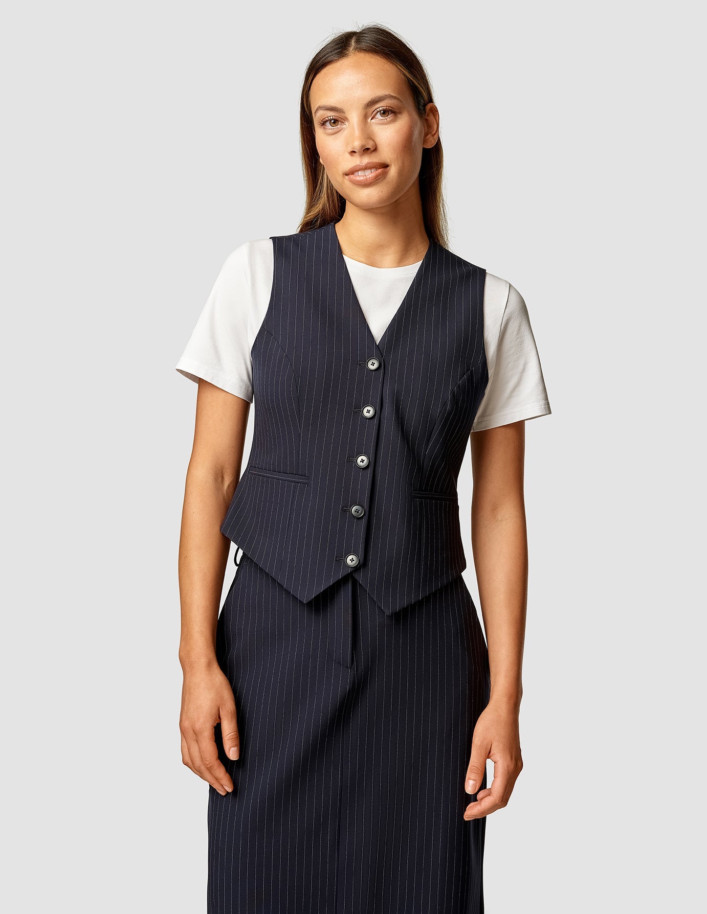 Essential Set Navy Pinstripe Short Vest & Maxi Skirt
